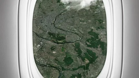 Satellite Paris map background loop. Airplane salon passenger seat window v.. Stock Footage 260027764