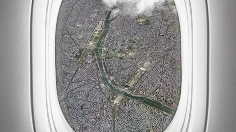 Satellite Paris map background loop. Airplane salon passenger seat window v.. Stock Footage 260027907