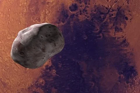 Satellite Phobos, Mars I, orbiting around Mars planet. 3d render Stock Illustration