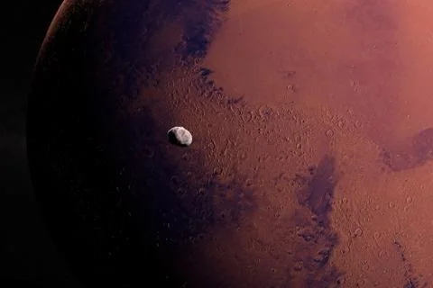 Satellite Phobos orbiting around Mars planet. 3d render Illustrazione stock