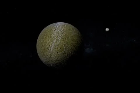 Satellite Rhea orbiting in the space with moon Iapetus. 3d render Stock Illustration