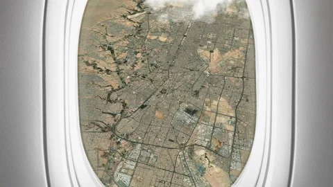 Satellite Riyadh map background loop. Airplane salon passenger seat window .. Video stock 260036803