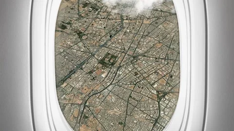 Satellite Riyadh map background loop. Airplane salon passenger seat window .. Video stock 260043251