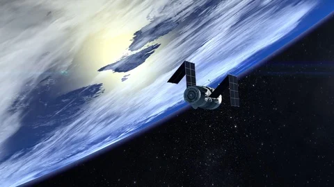 Satellite. The satellite is approaching and flying outside camera. Solar panels Stock Footage 72437985