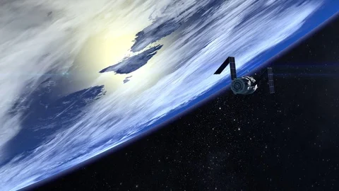 Satellite. The satellite is approaching. Solar panels are revealed. 4K. 3D Stock Footage 72437984