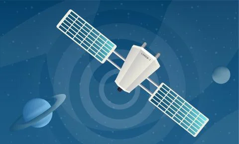 Satellite sending signal flat vector illustrations. Modern telecommunication Stock Illustration