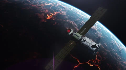 The satellite soars in space above a planet in flames, unleashing chaos, nucl Stock Footage 261994830