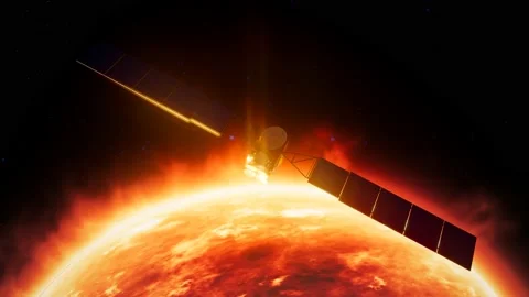A satellite with solar panels orbiting the sun. Universe exploration. Research Stock-Footage 201209255
