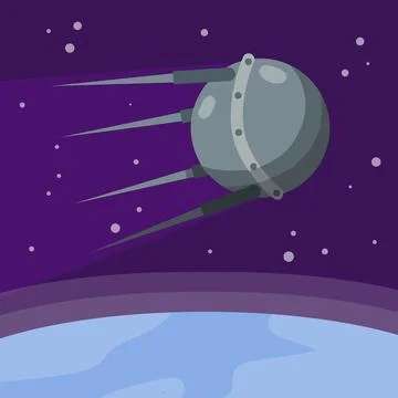 Satellite in space orbiting the earth. Soviet Sputnik fly around planet. Stock Illustration