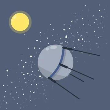 Satellite in space orbiting the earth. Soviet Sputnik. Moon and milky way. Stock Illustration