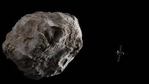 Satellite in Space passing asteroid, 3d animation Stock Footage 339733582