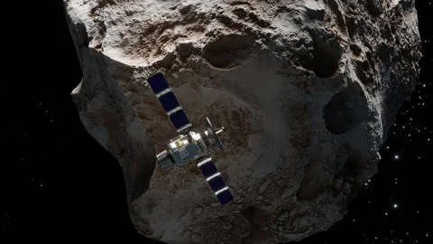 Satellite in Space passing asteroid, 3d animation Stock Footage 339733830