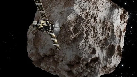 Satellite in Space passing asteroid, 3d animation Stock Footage 339733850