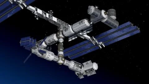 Satellite space station with solar panels and modular architecture Illustrazione stock