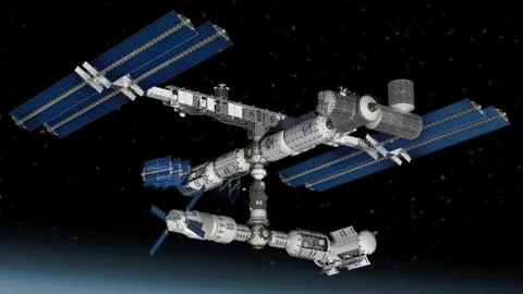 Satellite space station with solar panels and modular architecture Stock-Illustration