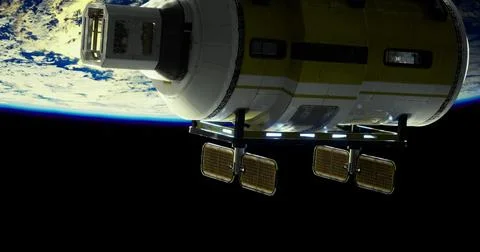 Satellite structure or spacecraft in orbit with Earth visible in background Stock Illustration