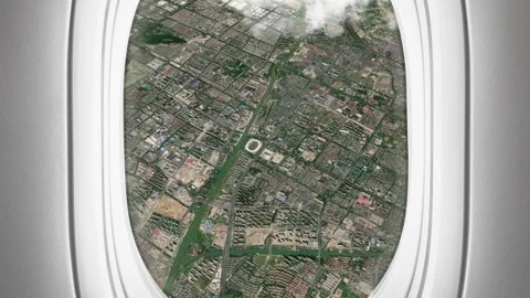 Satellite Suzhou map background loop. Airplane salon passenger seat window .. Stock Footage 260099149
