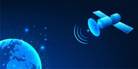 Satellite Technology Background, Space Satellite Transmitting Signal to Ear.. 스톡 일러스트