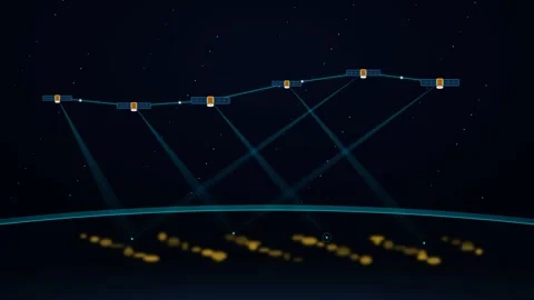 Satellite Telecommunication Constellation orbiting dark Earth with 4K Loop Stock Footage 345144379