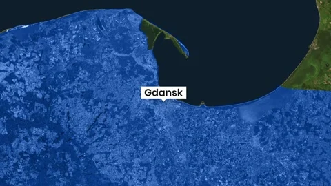 Satellite view animation showing coastal movement and the city of Gdańsk Stock Footage 342012236