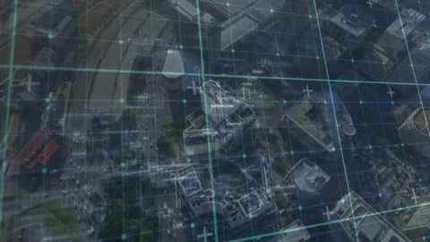 Satellite view appearing, turquoise grid sweeping over city block, wireframes Stock Footage 322120264