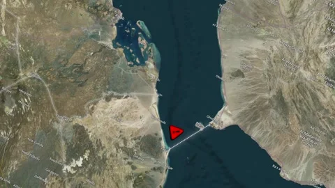 Satellite view of Bab el-Mandeb strait with warning symbol and bridge conce.. Видео 345730739