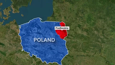 Satellite view highlighting the Podlaskie region within Poland map footage Stock Footage 342012234