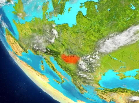Satellite view of Hungary in red Stock Illustration