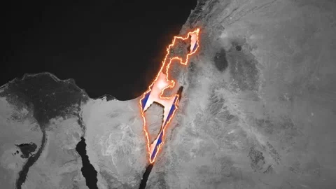 Satellite view of the Israel map animation burning with an intense fiery outline Stock Footage 330164083
