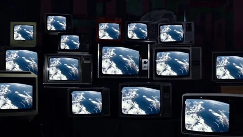 Satellite View of Italy on Stack of Vintage 80s Televisions with Static   Stock Footage 118508750