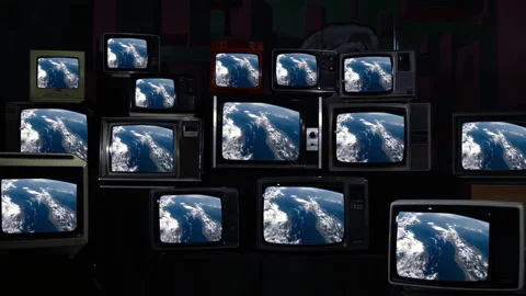 Satellite View of Italy on Stack of Vintage 80s Televisions, Retro Media Wall 4K Stock Footage 332243682