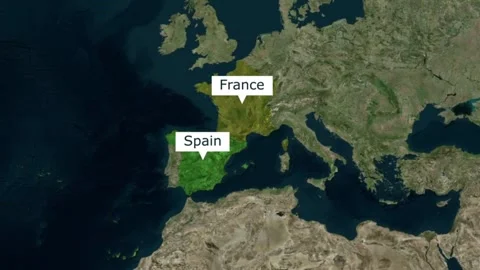 Satellite view map highlighting borders of spain and france in europe Stock Footage 345600945