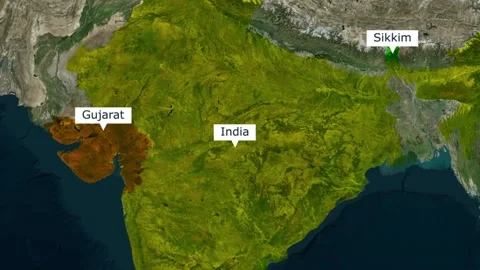 Satellite view map of india showing gujarat and sikkim states with geography 库存影片 345992035