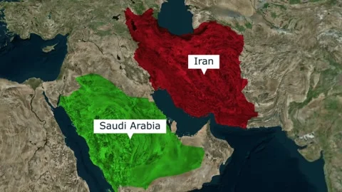 Satellite view map of iran and saudi arabia in the middle east with geography 库存影片 345991954