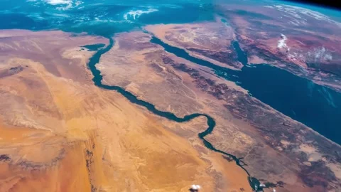Satellite view of Nile River. Elements of this video furnished by NASA. Stock Footage 229788160