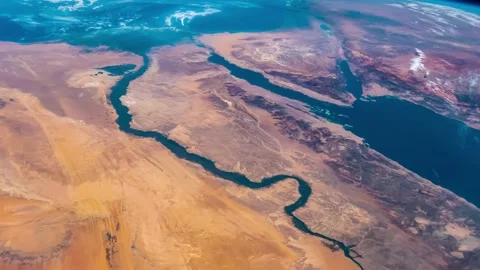 Satellite view of Nile River. Elements of this video furnished by NASA. Stock Footage 233006617