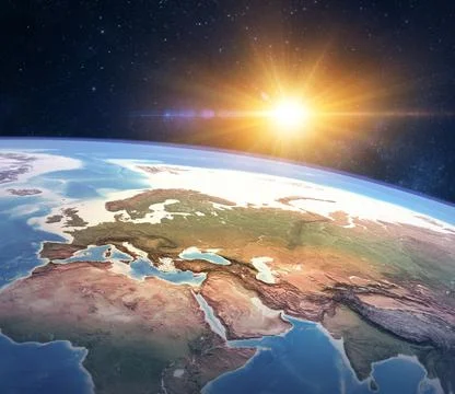 Satellite view of Planet Earth under the sun Stock Illustration