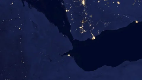 Satellite view subtle zoom of Bab-el-Mandeb Strait at night Stock-Footage 337139348