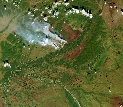 Satellite view of the wildfires in a field. Elements of this image furnished  Foto stock