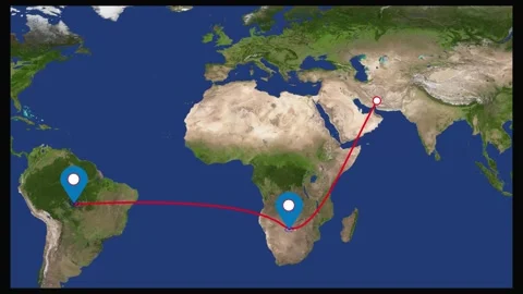Satellite view world map highlighting a red line linking South America acro.. Stock Footage 321590730