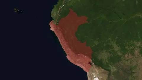 Satellite world map zooming in on Peru, country highlighted in red Stock Footage 345448551