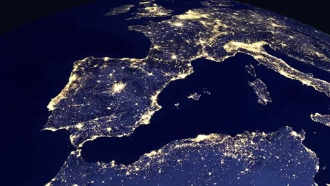 Satellite Zoom Animation from Outer Space to Madrid Spain at Night Stock Footage 331835633
