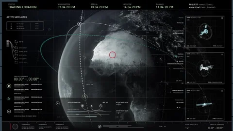 Satellites orbiting Earth. Active Satellites. Mali Bamako. Analyse Target. UI Stock Footage 280000191