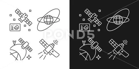Satellites in space linear icons set for dark and light mode ...