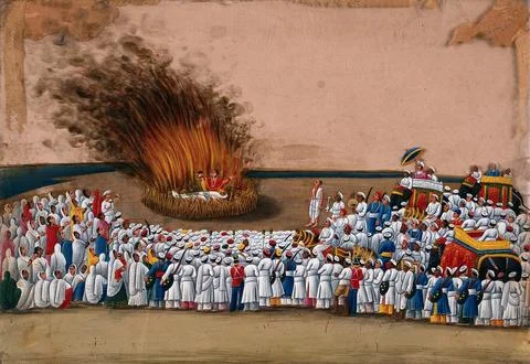 Sati (suttee): a widow immolating herself on her husband's funeral pyre as .. Stock Illustration