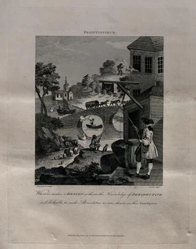 Satire on false perspective: a landscape with absurd situations due to inco.. Stock Illustration