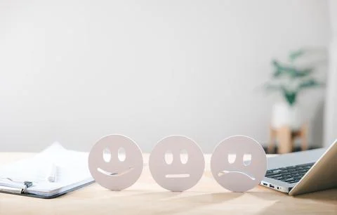 Satisfaction customer survey icon faces clearly display valuable client fee.. Stock Photos