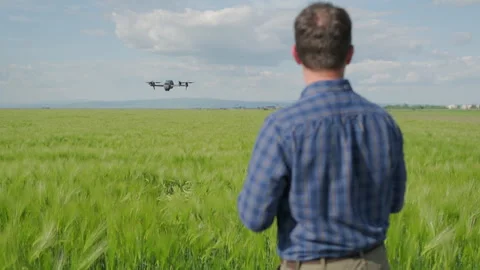Satisfied agronomist back view over barley field with hovering drone Stock Footage 337120890