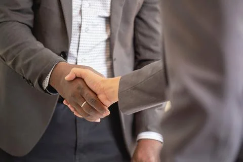 Satisfied black client shaking hands, thanking the manager for good financi.. Stock Photos