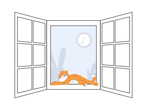 Satisfied cat rest on window frame. Red fluffy kitten pleased, pet relax on Stockillustratie